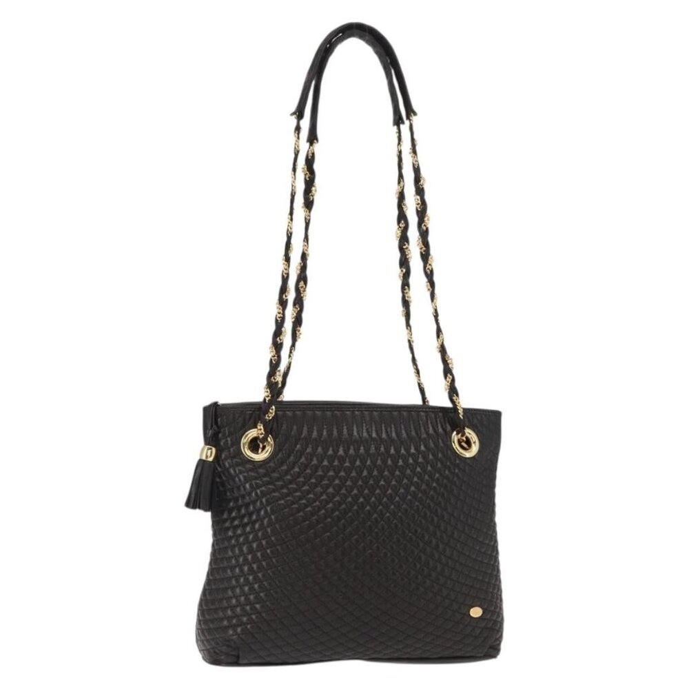 Authentic BALLY Quilted Chain Shoulder Bag Leather Black Gold